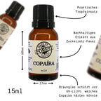 15ml-Flasche Copaiba-Harz mit den Maßen 68mm Höhe und 27mm Durchmesser, mit Beschriftung „Copaiba aus dem Amazonas“.