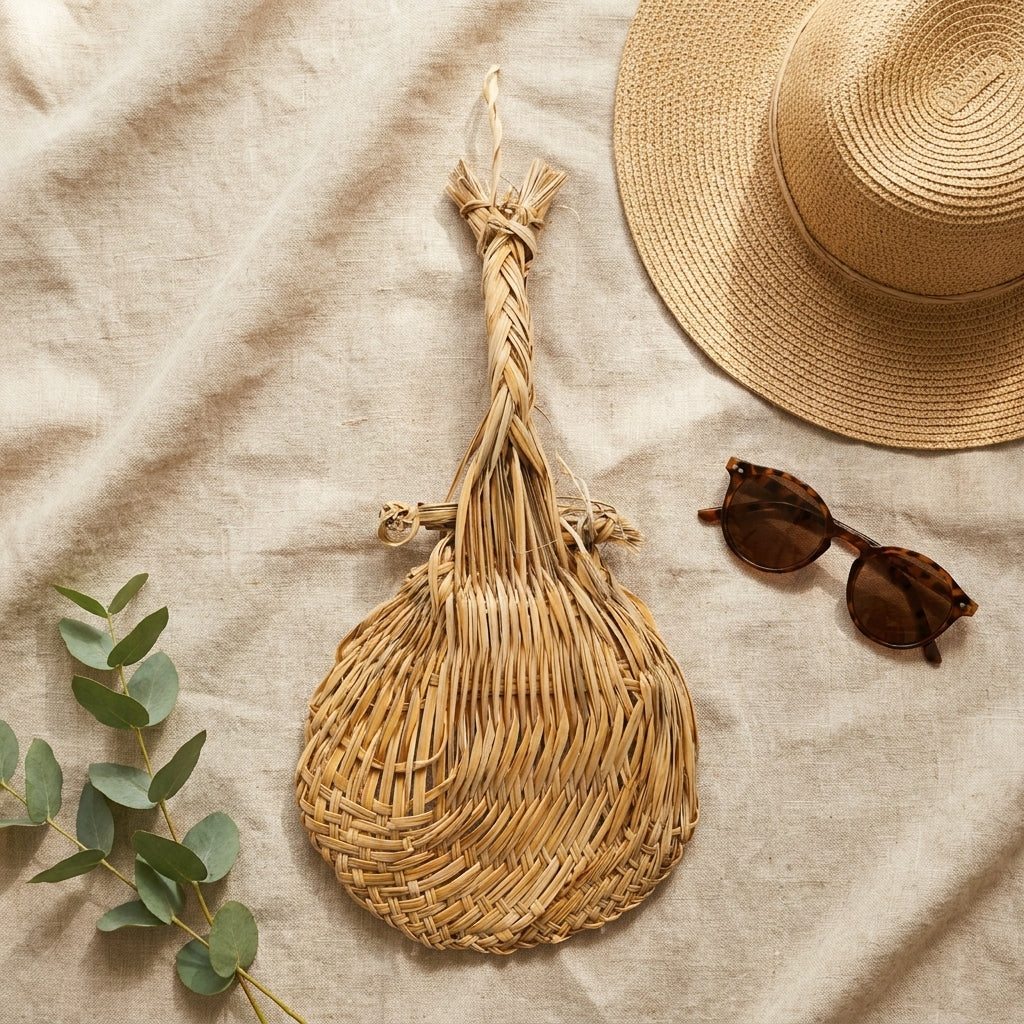 Handgefertigter Palmfächer mit Sonnenhut und Sonnenbrille auf Leinenstoff – nachhaltiges Sommer-Accessoire