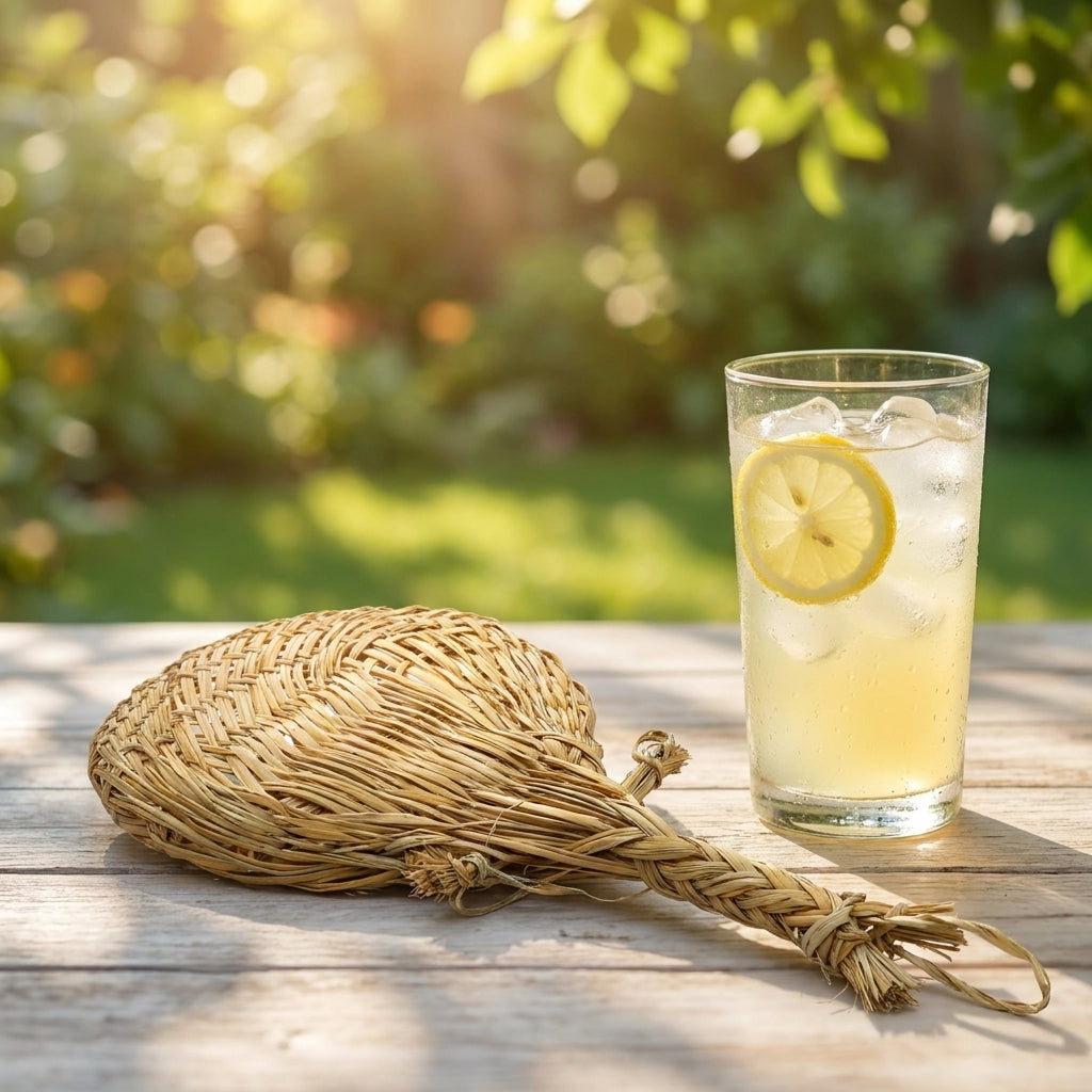 Palmfächer neben eisgekühlter Limonade im sonnigen Garten – natürliche Abkühlung bei Hitze