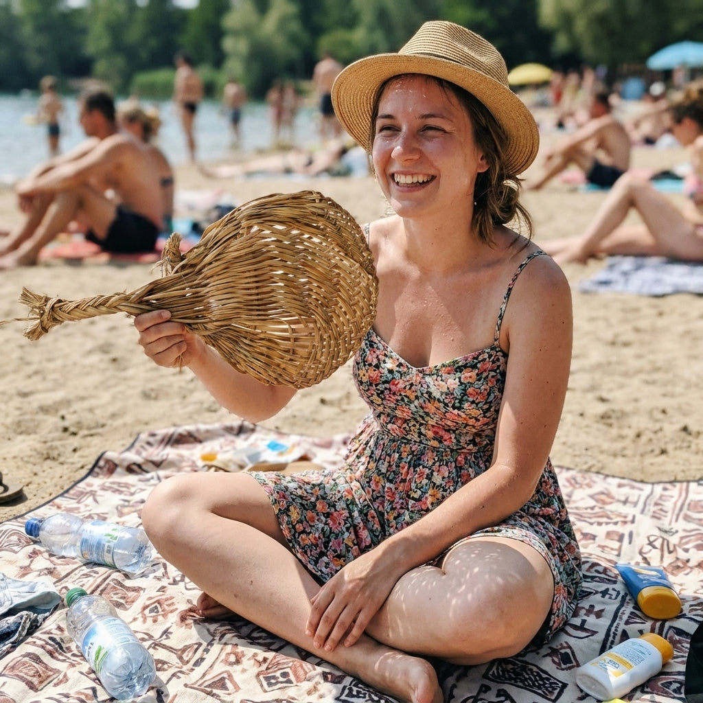 Kundin fächelt sich am Badesee mit dem Palmfächer Luft zu