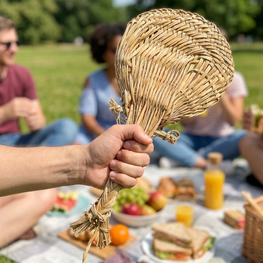 Palmfächer am Zopfgriff gehalten beim Sommerpicknick im Park